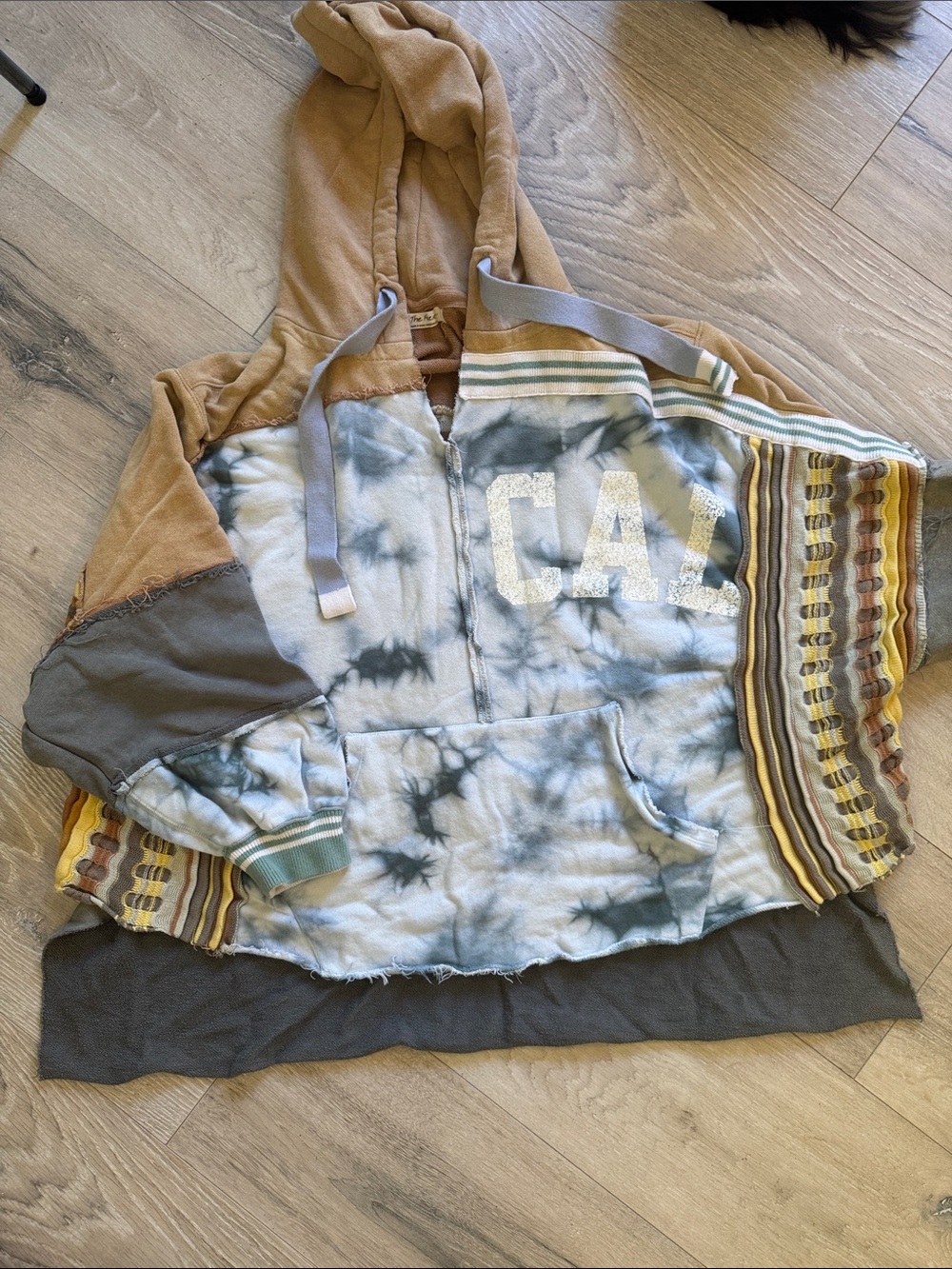 Free People/We The Free Hooded Patchwork Shirt Jacket in Tan, Blue and Gray.